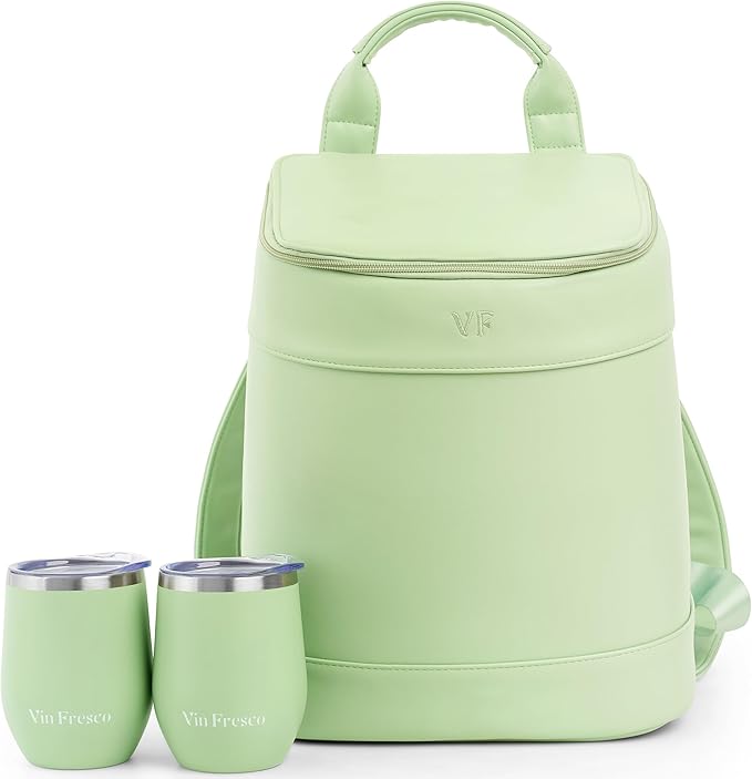 Insulated Cooler Backpack with 2 Stainless Steel Wine Tumblers – Leakproof & Spillproof Stylish Vegan Leather Picnic Cooler Bag – Lightweight & Portable – Holds 24 Cans or 6 Wine Bottles