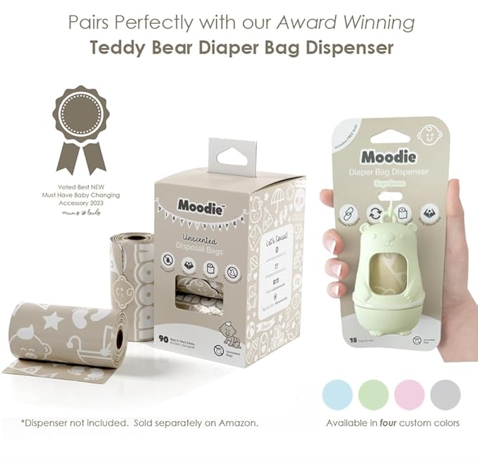 Teddy Bear Diaper Bag Dispenser | Diaper Trash Bags on the Go Dispenser w/Silicon Strap | 15 UNSCENTED Baby Poop Bags per Roll | Dirty Diaper Bags Disposable | Diaper Waste Bags (SAGE GREEN)
