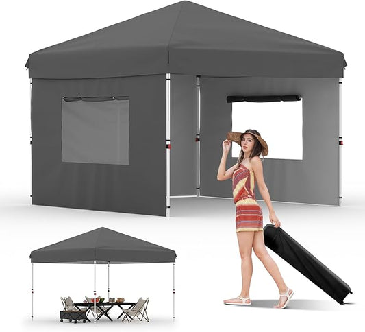 Pop Up Canopy Tent 10x10 FT Outdoor Canopy One-Person Set Up Heavy Duty Commercial Instant Tent, 3-Sidewall, Gray