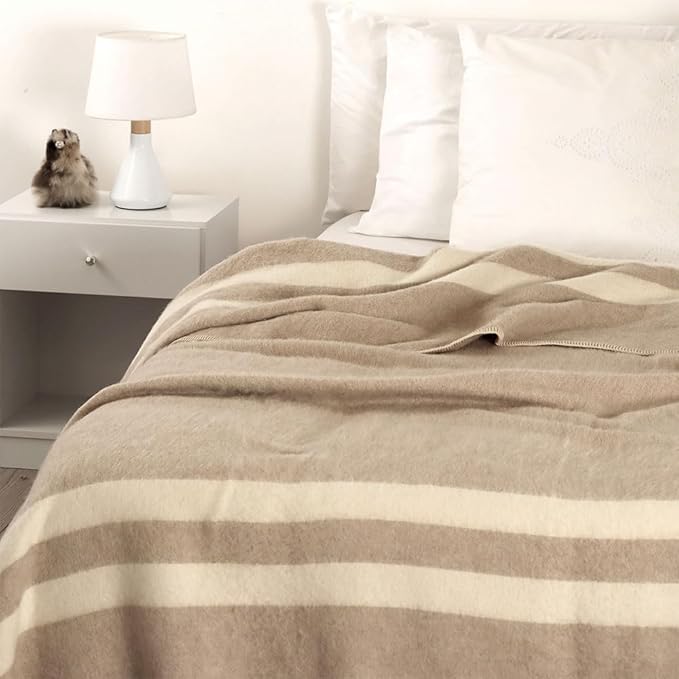 Thick Alpaca Wool Blanket Queen Size Heavyweight for Camping Outdoors or Using Indoors | Soft Peruvian Alpaca Wool Blankets (Beige - Ivory Stripes 2, Queen)