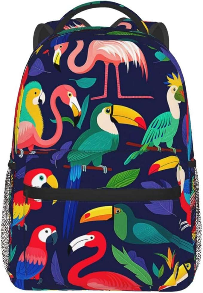 Rucksack Multipurpose Anti-Theft Big Capacity Shoulder Bag, Exotic Birds Parrot Flamingo Art Travel Hiking Camping Rucksack With Side Pockets