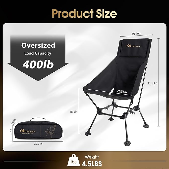 MOON LENCE Oversized Camping Chair for Adults, Height Adjustable High-Back Folding Camping Chair with 400 lbs Capacity, Hidden Pillow Pocket and Wide Seat for Camping, Hiking, Picnics, Black