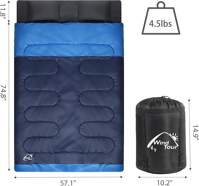 Double Sleeping Bag for with 2 Pillows - Lightweight 2 Person Sleeping Bag, Adults & Teens Cotton for Camping, Backpacking, Hiking with Carrying Bag for Cold & Warm