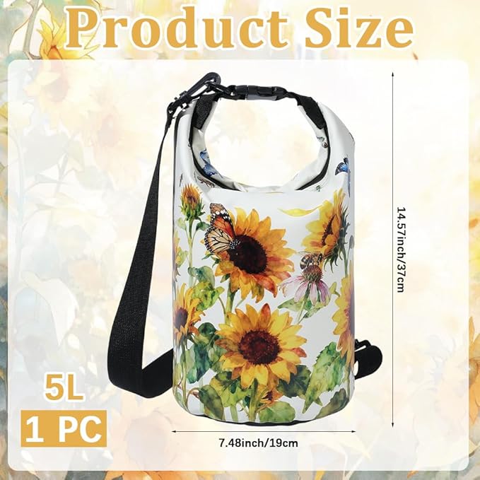 Floating Waterproof Dry Bag Backpack 5L Lightweight Sunflower Butterfly Pattern PVC Roll Top Dry Sack for Kayaking Boating Camping Fishing Swimming Beach Rafting Hiking Outdoor Activities