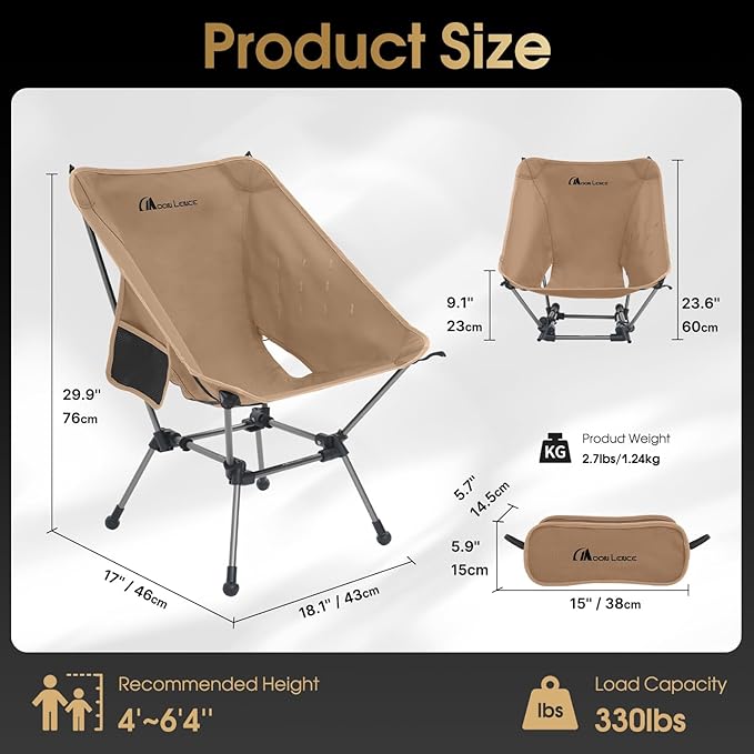 MOON LENCE Camping Chair Plus, Upgraded Comfort & Size, Still Compact and Lightweight, Folding Portable Chair for Backpacking & Hiking, 400Lbs Capacity, Gen 3 Plus (Khaki 2 Pack (Plus))