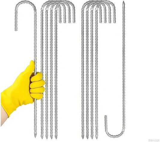 Heavy Duty Ground Stakes, 16 Inch J Hook Stakes, 10 Pack, 5/16 Inch Diameter, Carbon Steel Tent Stakes for Chain Link Fence, Trampoline, Lawn Decorations (J-Shape-Silvery, J-16 * 5/16"-10PCS)