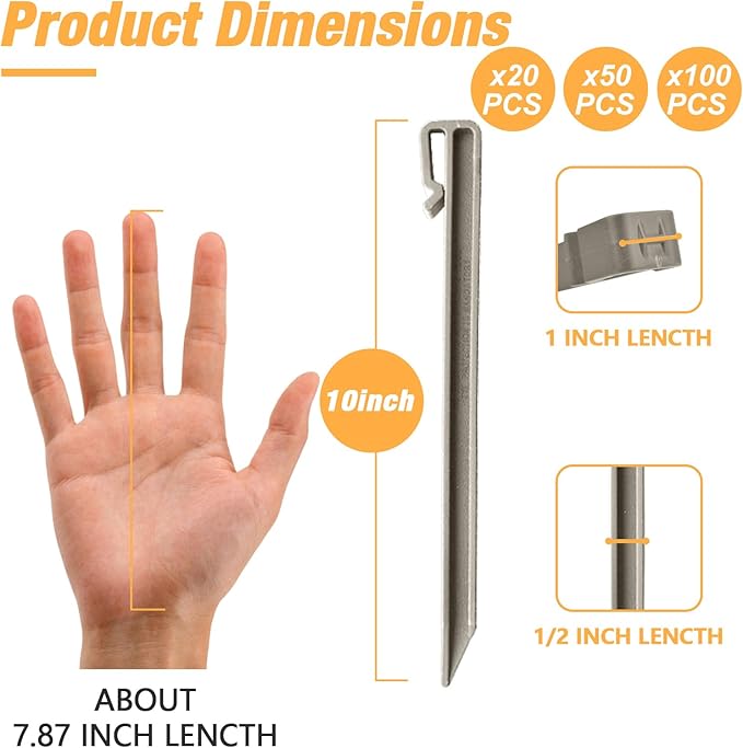 50-Pack 10 Inch Plastic Edging Nails Gray,Side-Insert Nylon Landscape Anchoring Spikes，Landscape Stake for Paver Edging, Weed Barrier& More