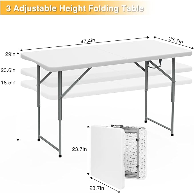 SKOK 330lbs Folding Picnic Table 4/6/8 Foot Adjustable Height, 4/6/8FT Plastic Table Portable w/Handle, Utility Commercial Craft Sewing Card Table w/Heavy Duty Frame for Party Events