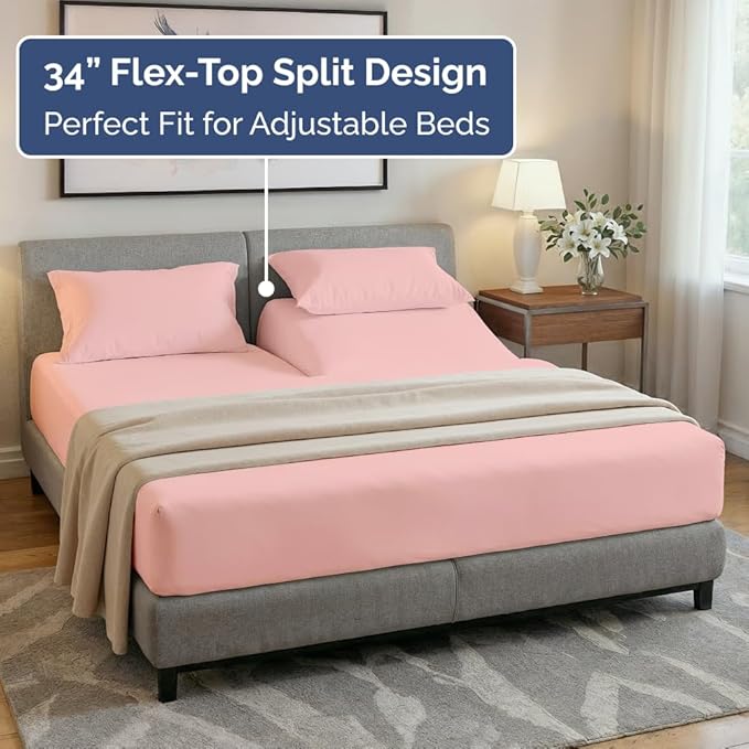 Flex Top Split Head King 4 Piece Sheet Set - Comfy Breathable & Cooling Bed Sheets Set - Hotel Luxury Bedding for Women, Men, Kids, Teens, Boys & Girls - Deep Pockets, Soft and Oeko-Tex - Baby Pink
