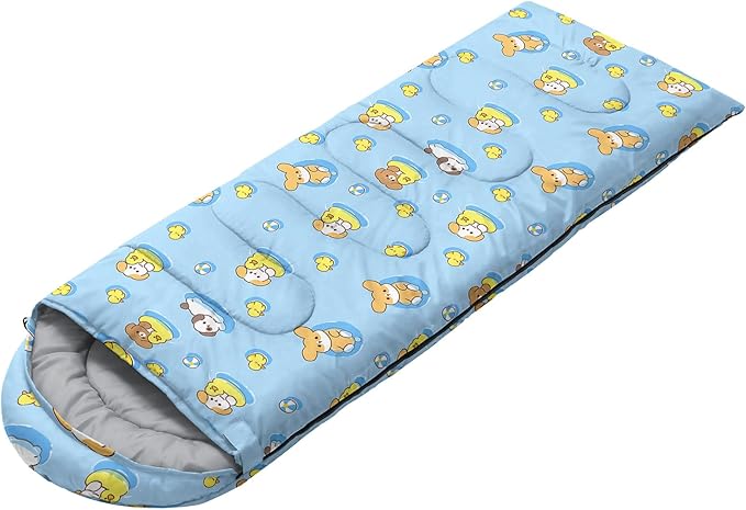 AILONEN Kawaii Puppy Sleeping Bag for Kids Boys Girls,Warm and Cool Weather,Lightweight,Waterproof Backpacking,Cartoon Cute Dog & Duck Animal Themed Blue Sleeping Bag for Camping