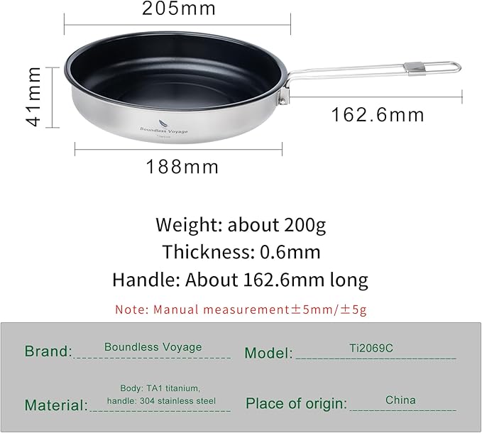 Boundless Voyage Titanium Non-Stick Frying Pan Outdoor Camping Skillet with Folding Handle Lightweight Campfire Cookware
