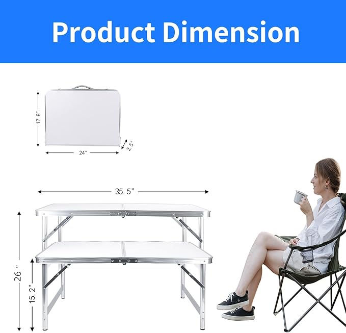 Folding Camping Table 3 Ft Portable Picnic Table Foldable 2 Height Adjustable Aluminum Camp Table Outdoor for Card BBQ White 35.5×23.6×26 inch