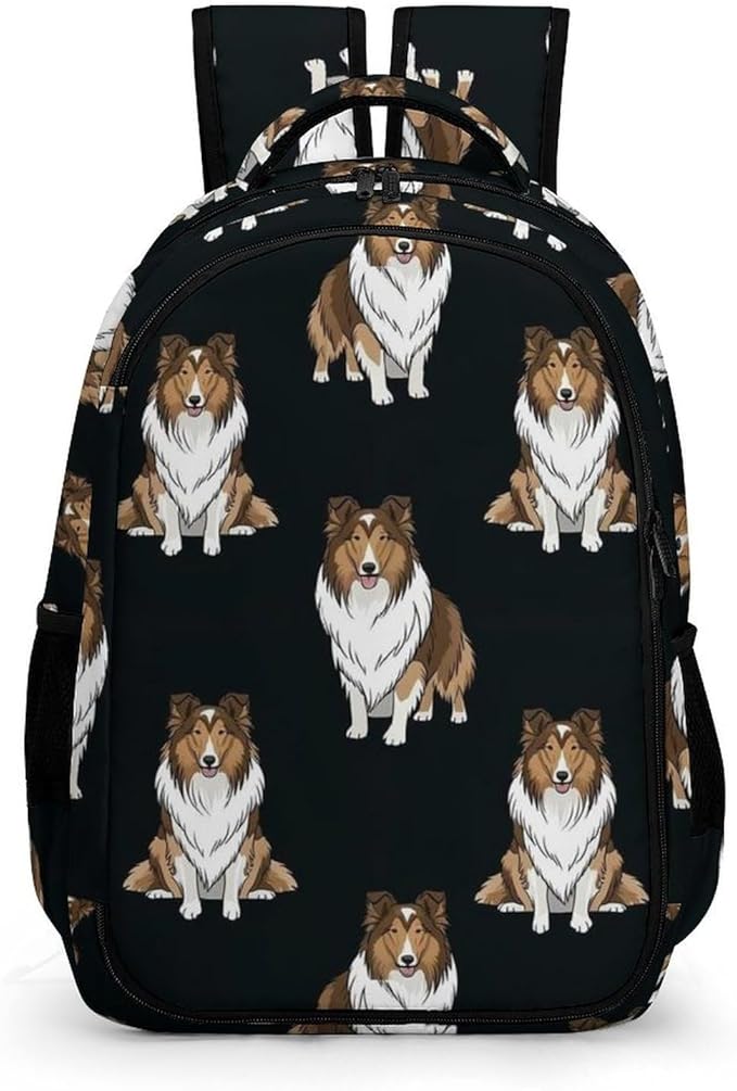 Laptop Backpack Rough Collie Dogs, Sturdy Water Resistant College Bookbag with Water Bottle Pockets for Business Travel Commute