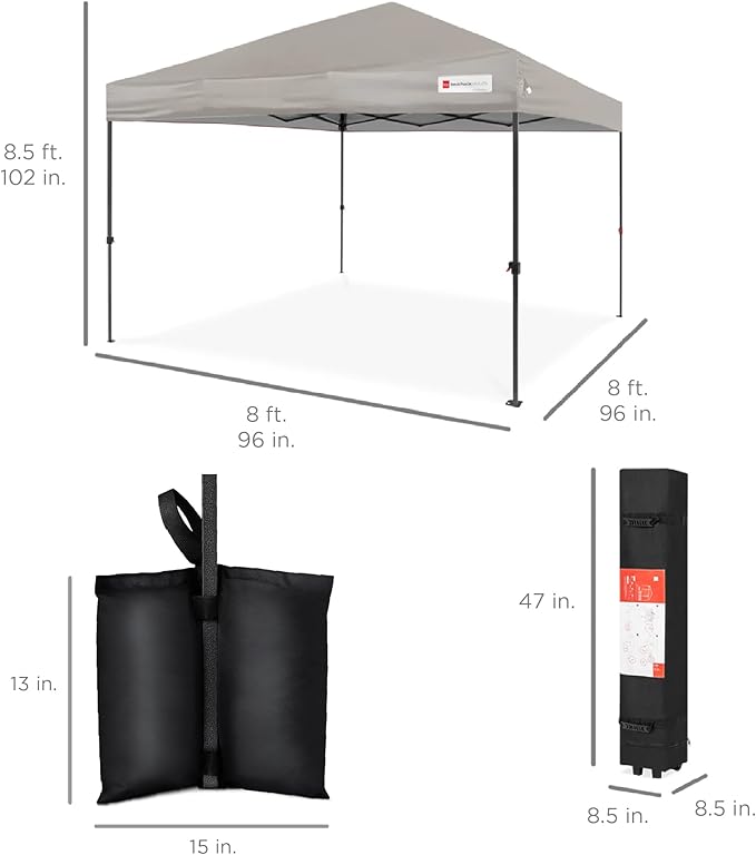 Best Choice Products 8x8ft Pop Up Canopy Tent, Outdoor Shade, 1 Person 1 Minute Set Up, Carry Case, 4 Weight Bags - Light Gray