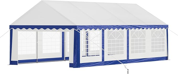 AMERLIFE 13 x 26 FT Party Tent with Rolled Sidewalls, Heavy Duty Wedding Tent for Party Outside with Zinc Alloy Tube & Spiral Stakes, Waterproof Event Shelters, White & Blue
