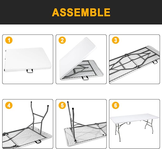 2 PCS 70.8" W X 29" D X 29" H - 6 ft White Folding Table White Portable Heavy Duty Plastic Fold-in-Half Utility Foldable Table for Camp，Picnic & Party