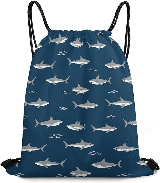 Travel Drawstring Backpack Beam Bag Large Capacity for Volleyball Baseball Sports Equipment Men Women Unisex, Cute Shark Print Eco-Friendly Bags