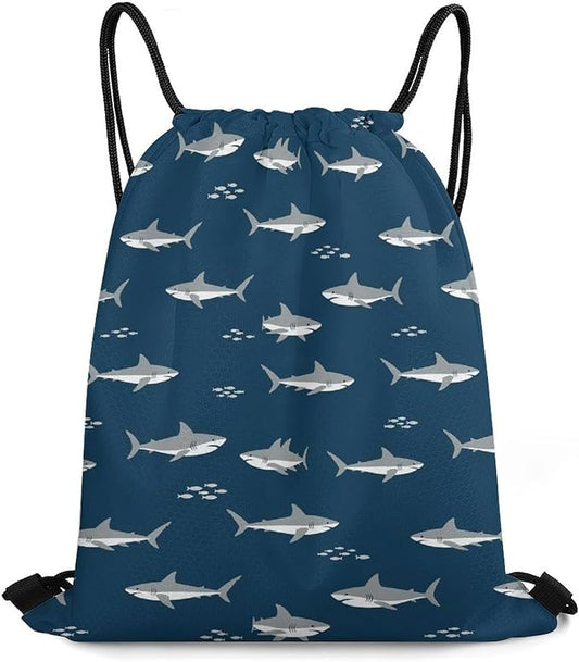 Travel Drawstring Backpack Beam Bag Large Capacity for Volleyball Baseball Sports Equipment Men Women Unisex, Cute Shark Print Eco-Friendly Bags