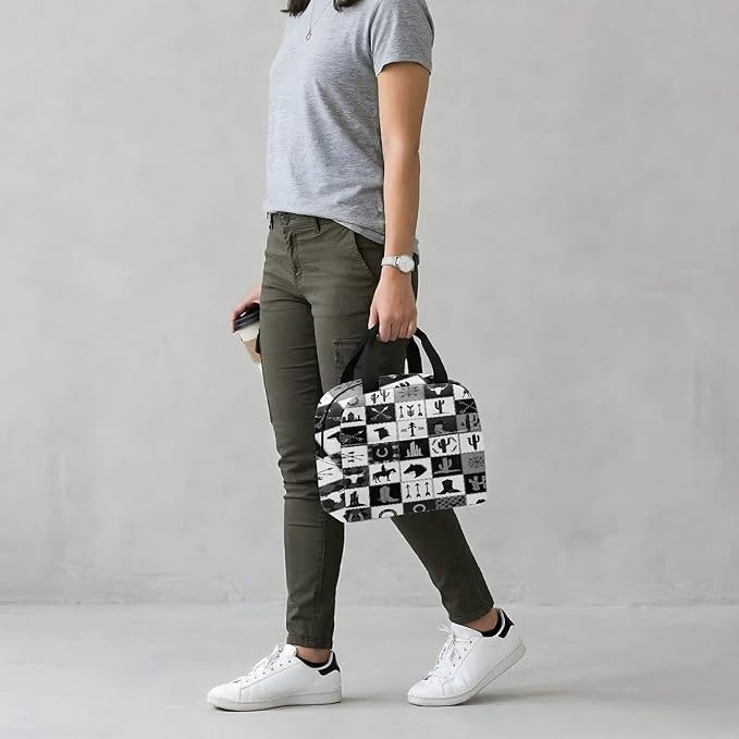 Western Retro Denim Insulated Lunch Bag Bear Deer Bird Nature Landscape Cactus Thermal Tote Portable Size (04)