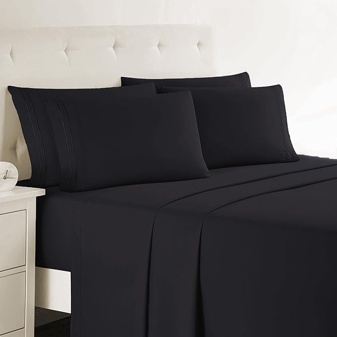 Clara Clark Queen Sheets, 6 Piece Set - Hotel Luxury Sheets for Queen Size Bed, Super Soft Bedding Set, Black