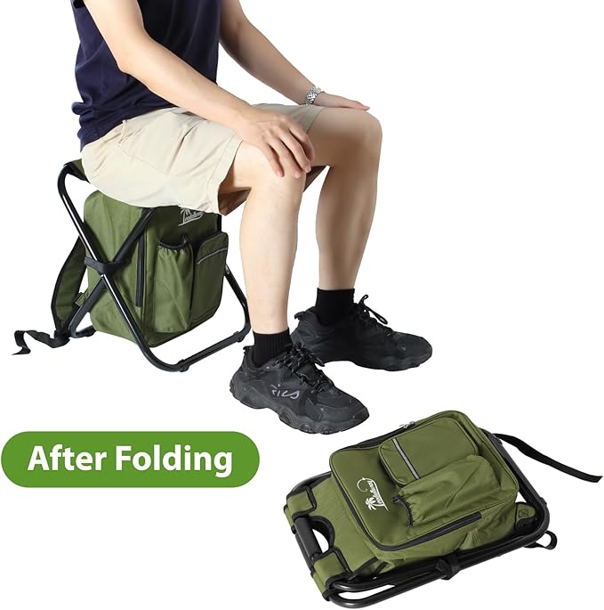 LEADALLWAY Backpack Fishing Chair with Cooler Bag Foldable Stool,Fishing Hunting Gifts for Men,Outdoor,Camping,Paints,BBQ,Beach,Picnic,Hiking,Concert,Green