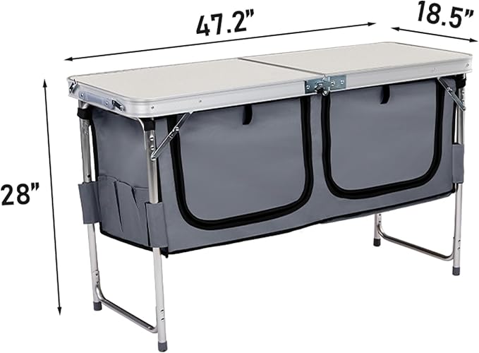Outdoor Folding Camping Table with Storage Compartment, 4ft Portable Pinic Table with 3 Adjustable Height, Carry Handle，for BBQ, Party, Camping, White