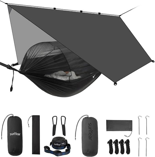 Sunyear Camping Hammock with Net - Double&Single Hammock with House-Like Net- Easy Setup & Pack, Lightweight & Portable, Perfect for Hiking, Backpacking, Outdoor Sleeping