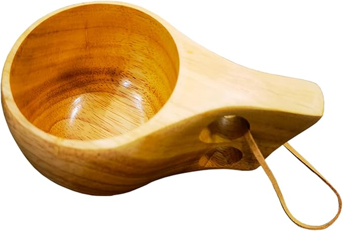 Sanrich Wooden Mug Kuksa Handcrafted Wood Camp Mug Survival Wood Cup Camping Cups & Mugs with Carabiner Leather Lanyard For Drinking Tea Coffee (6 ounces-smooth-two handle hole)