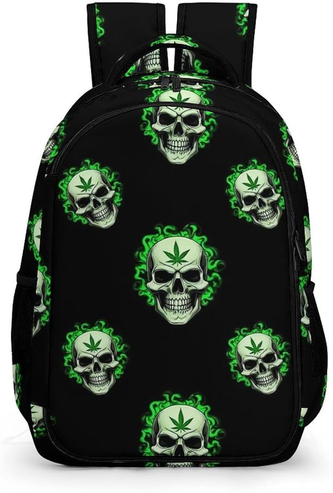 Nurse Teacher Laptop Backpack Skull WeedLeaf Leaves Green Black, Cute Travel Backpack Purse with Tumbler Holder for Women College Work Commute