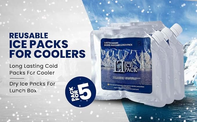 LL Home & Decor • Reusable Ice Packs for Coolers – Pack of 5 Slim Long-Lasting Gel Freezer Packs, Durable & Leak-Proof, Perfect for Lunch Bags, Camping, Fishing, and Picnics