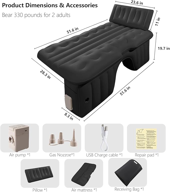 Car Air Mattress Back Seat Bed for Truck One-Piece Bed Pier Thickened Travel Airbed Blow up Mattress SUV Self Inflatable Camping Sleeping Pad with Wireless Air Pump & Pillow, Black