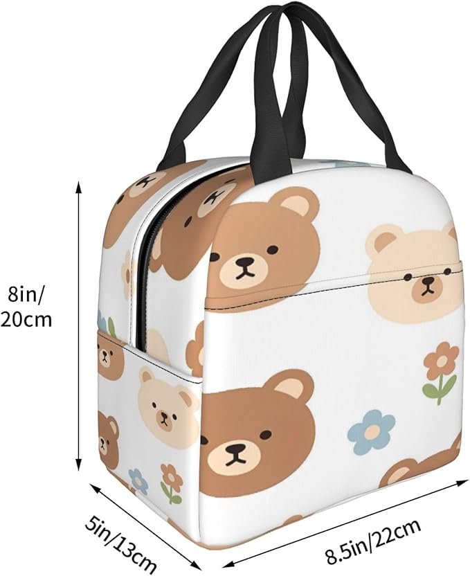 Cute cartoon bear faces flowers digital art Insulated Lunch Bag Oxford Cloth & Thick Foil Cooler Warmer Tote Waterproof Wear-Resistant with Front Pocket for Work Picnic Outdoor Travel