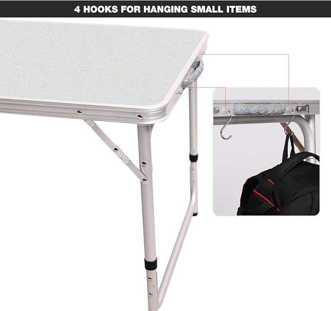 RedSwing 4 Feet Folding Camping Table Adjustable Height, Lightweight Portable Aluminum Frame Table for Picnic Beach Outdoor Indoor, 47.2''L x 23.6'' W x 22''/27'' H