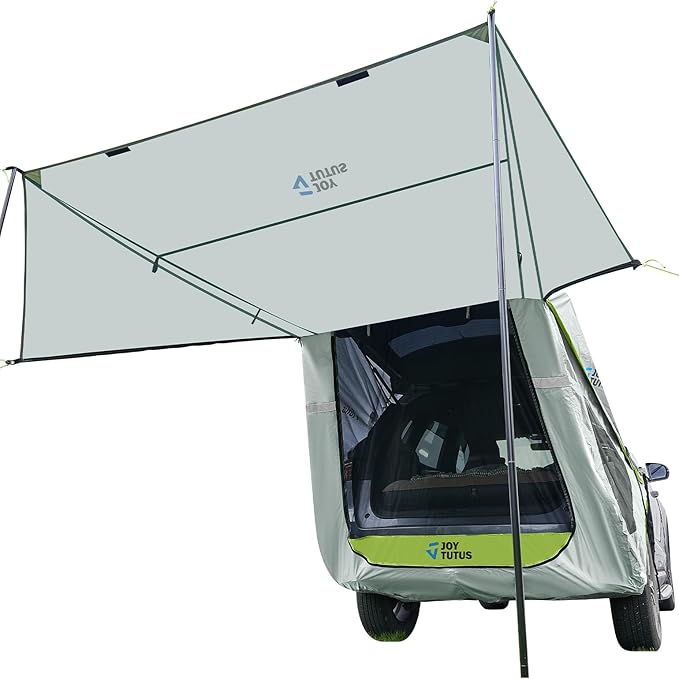 JOYTUTUS SUV Tailgate Tent with Three Sides Awning and Poles, Water Resistant SUV Camping Tent with Car Roof Cover, Tent Attaches to Car Truck, Universal Fit Most SUVs, Cars, Grey Green, Large