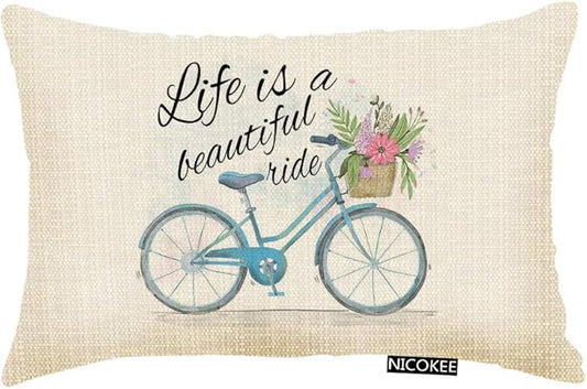 Throw Pillow Cover Life is A Beautyful Ride Sweet Love Bicycle Decorative Pillow Case Home Decor 20x12 Inches Pillowcase
