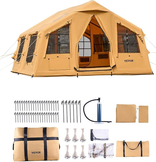 VEVOR Inflatable Tents for Camping, Easy Setup Blow up Tent with Hand Pump, 4 Season Glamping Tent with Stove Jack, Doors & Mesh Windows, Storage Bag Included for Easy Taking