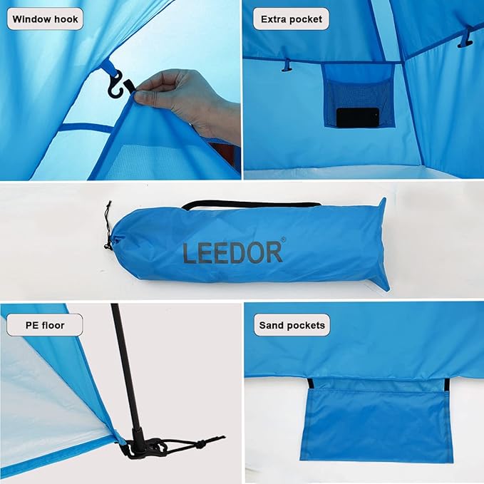 LEEDOR® Beach Tent Sun Shelter Instant Beach Umbrella with UPF 50+ UV Portable Windproof Pop Up Shade for 3 to 4 Person for Family Patent Pending