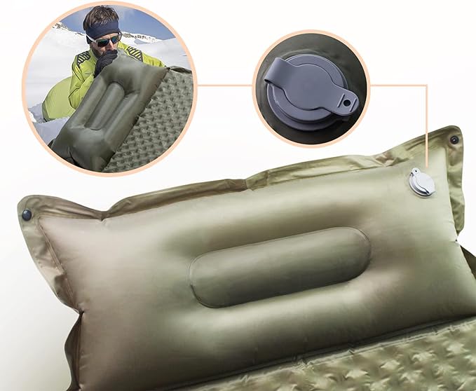 Double Camping Sleeping Pad with Pillow, 2" Memory Foam Camping Mattress 2 Person, 5R Insulated Self Inflating Camping Pad, Air Mattress Inflatable Sleeping Mat for Tent, Backpacking, Hiking (Khaki)