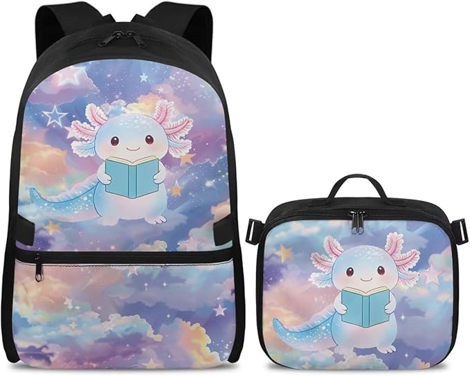 HUGS IDEA Axolotl Backpacks for Girls 4-6 Schoolbag with Lunch Box Cute Preschool Book Bags Student Hiking Camping Rucksack Daycare Bags Mochilas Para NiñA