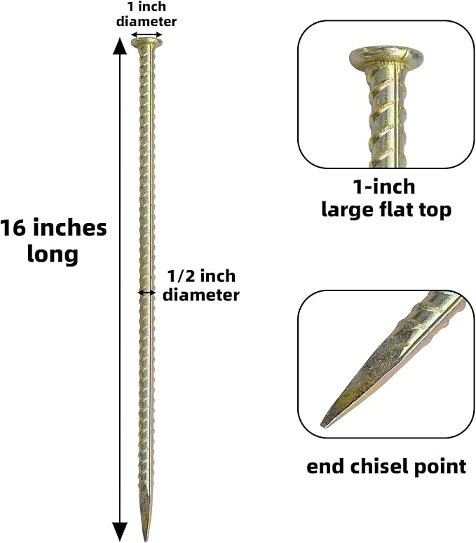 16 Inch Rebar Stakes - 1/2 Inch Diameter Galvanized Steel Ground Anchors Hevy Duty Metal Garden Stakes for Camping Tent, Speed Bump, Hard Soil, Fence, Wheel Stop(8 Pack)