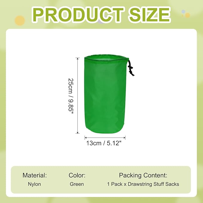 Stuff Sack, Nylon Waterproof Storage Sacks Portable Drawstring Dry Stuff Bag Gear Organization with Toggle, 5x10Inch Fit for Backpacking Camping Traveling Hiking(Green)