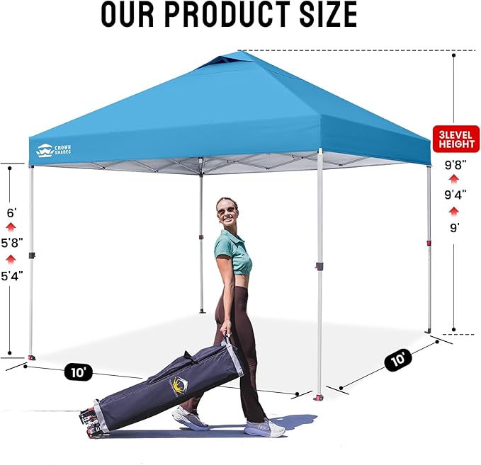 Crown Shades 10x10 Pop Up Canopy - Beach Tent with One Push Setup - Outdoor Sun Shade for Events, Parties, Camping - Gazebo with STO-N-Go Cover Bag, Silver Coated Top, 3 Height& 4 Sand Bags, Sky Blue