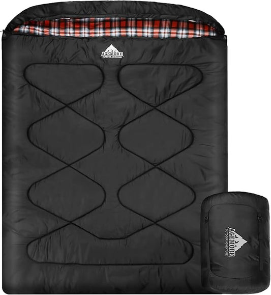 AGEMORE Cotton Flannel Double Sleeping Bags for Adults, Cold Weather Waterproof Queen Size Sleeping Bag, 2 Person Double Wide Warm Sleeping Bag for Family or Couples Outdoor Camping or RV Traveling