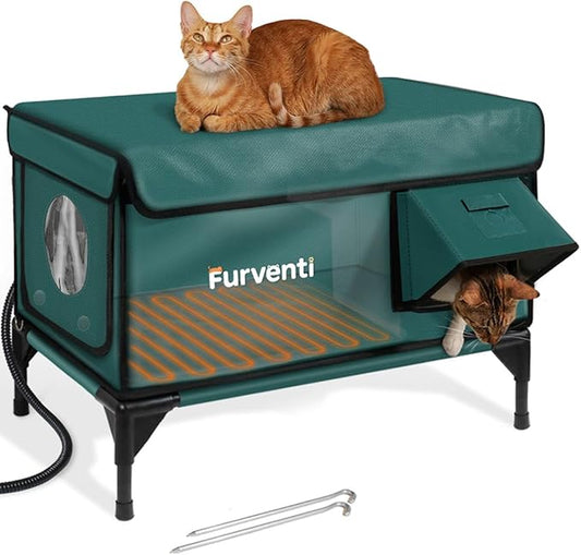 Outdoor Heated Cat House in Winter,Extremely Insulated & Weatherproof,Elevated Feral Cat Shelter with Waterproof Eaves & Escape Door for Outside Stray Barn Cat (Green,M)