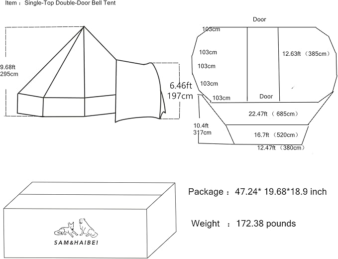6 Persons Canvas Tent Bell Tent Glamping,4 Seasons Yurt Tent for Camping, Heavy Cotton Canvas Tent for Family Camping,Outdoor Hunting,or Party Tent. Durable, 2 in 1,2 Doors Bell Tent