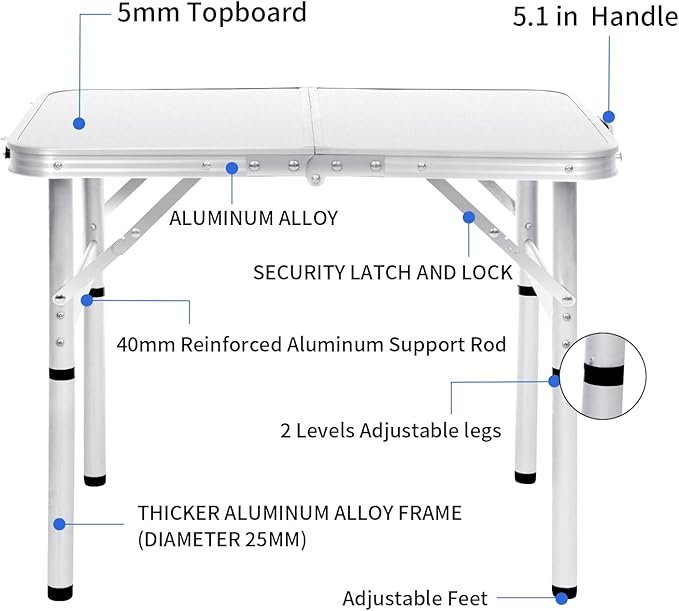 Small Folding Table 2FT Foldable Camping Table Portable Picnic Table Aluminum 2 Height Adjustable Outdoor Beach Card White 23.6×15.7 inch