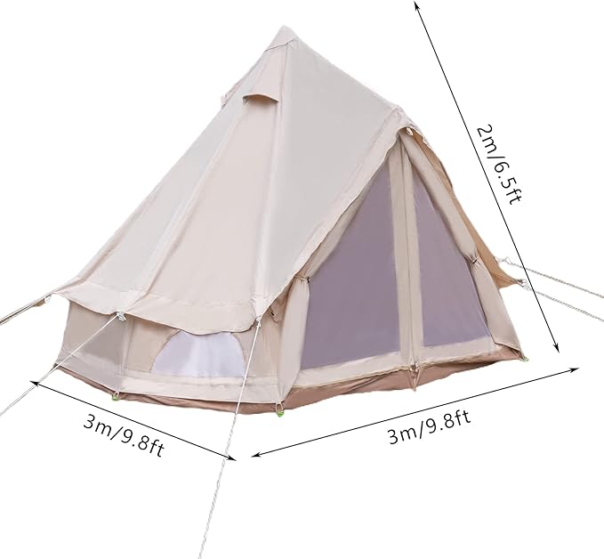 Bell Tent 118" All-Season Waterproof Canvas Camping Tent, 6.5ft Center Pole Polyester Cotton Tent for 2 Person with PVC Floor, Windproof Outdoor Camping Tent