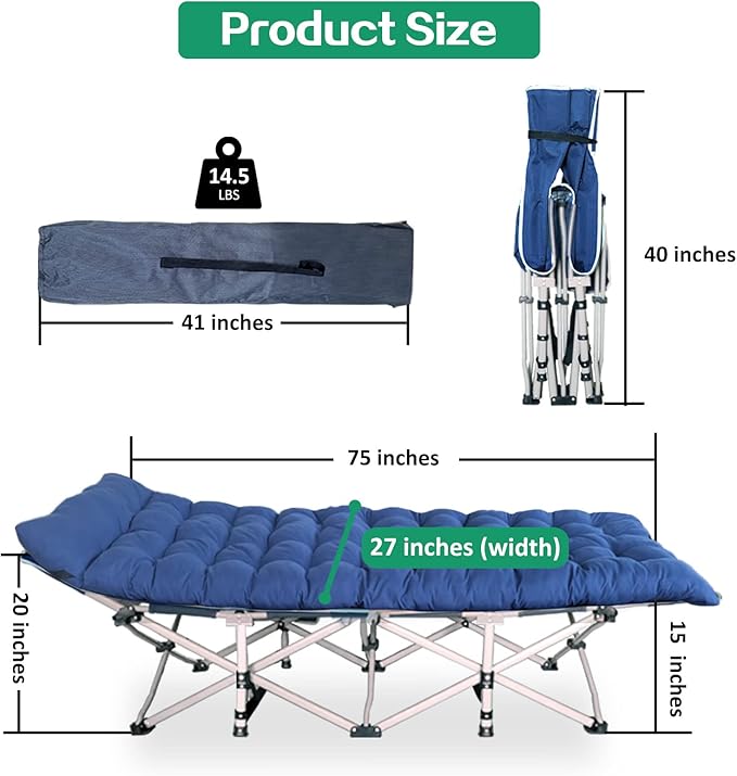 Camping Cot Cots for Sleeping with Mattress Cots for Camping for Adults with Camfortable Pad Heavy Duty Camping Bed with Carry Bag Folding Cot for Hiking Home Office Nap and Vacation