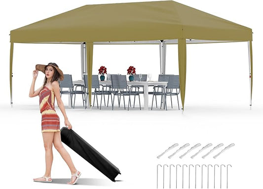 10x20 Pop Up Canopy Tent Outdoor Canopy with No Removable Sidewall One-Person Set Up Heavy Duty Commercial Instant Tent Shelter-Khaki