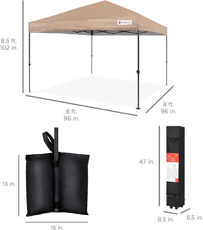 Best Choice Products 8x8ft Pop Up Canopy Tent, Outdoor Shade, 1 Person 1 Minute Set Up, Carry Case, 4 Weight Bags - Tan